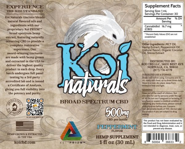 Koi Naturals Peppermint Broad Spectrum Hemp Extract CBD Oil Tincture 30mL