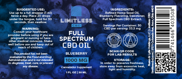 Limitless Blueberry Flavor 1000mg CBD Full Spectrum Oil Tincture 1oz